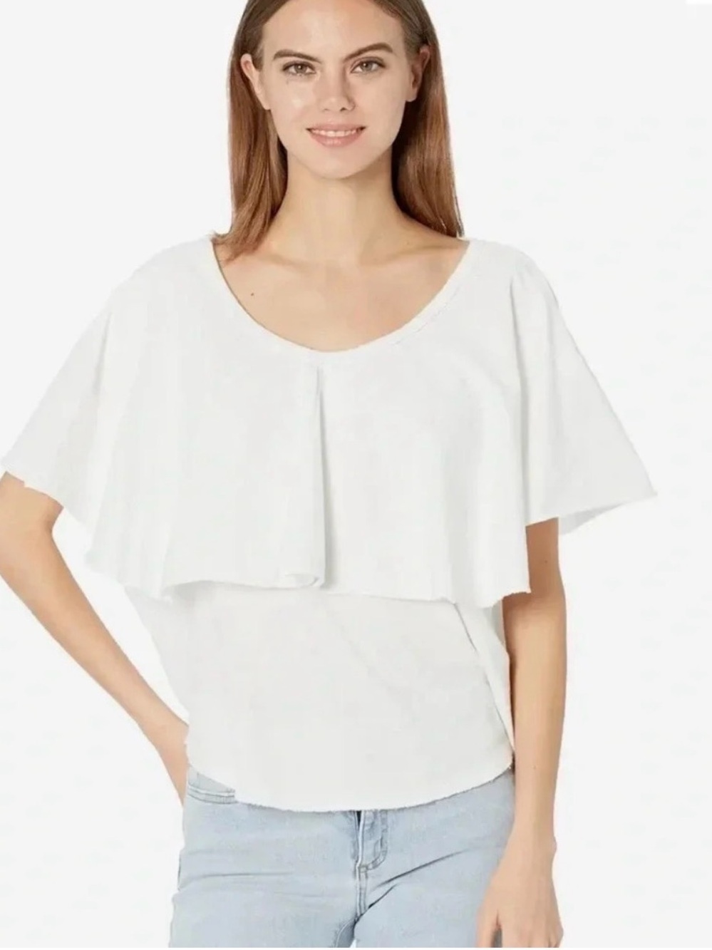 Free People White Layered Ruffle Scoop Neck Top